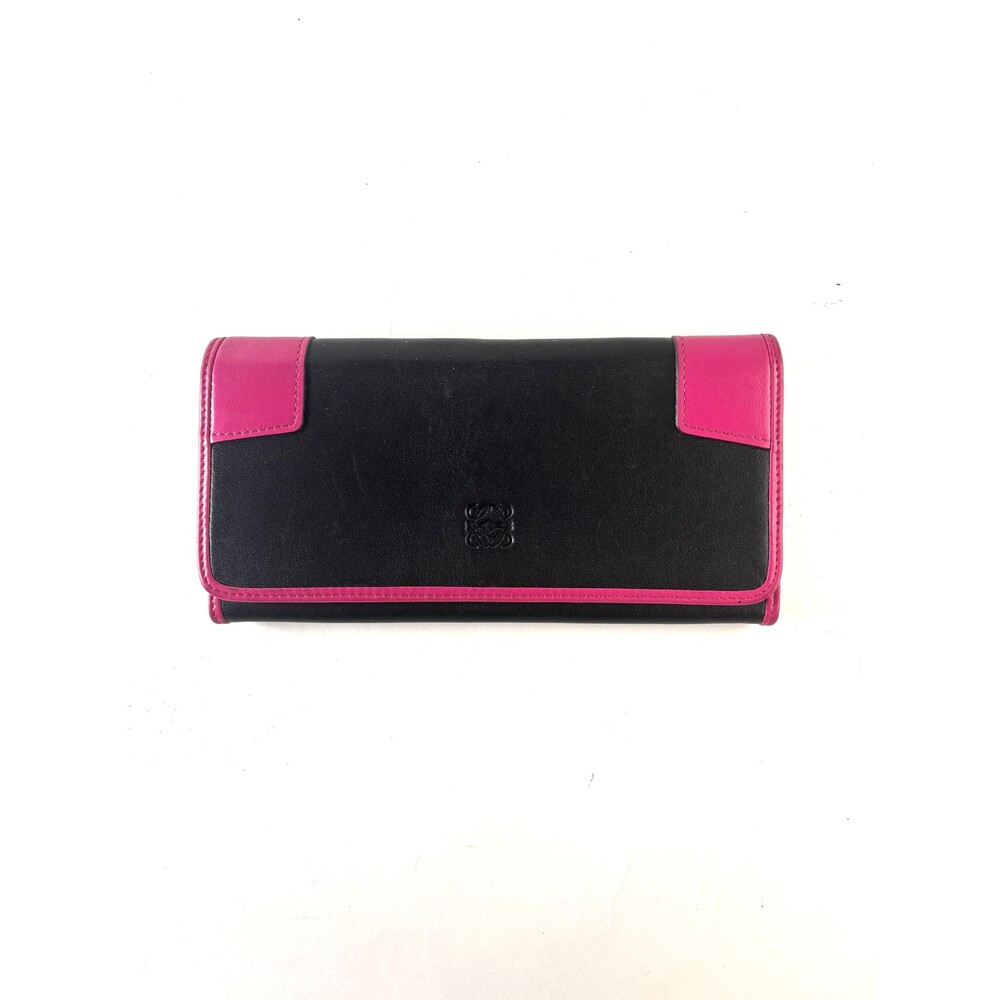 Vintage Loewe Black & Fuchsia Leather Continental Wallet Clutch | Made in Spain